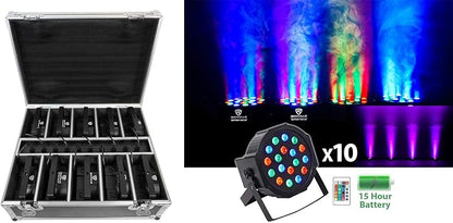 Rockville Battery PAR Pack 50 Black (10) Rechargeable RGB Wash Lights with Charging Case, 18 LEDs, RF Remote, DMX Control, 10-Hour Battery, for DJs and Event Lighting