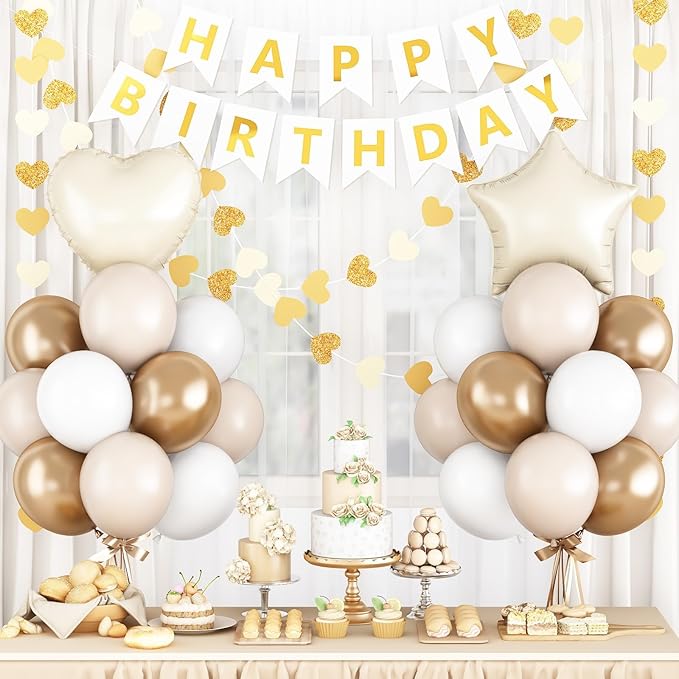 White and Gold Birthday Party Decorations for Women Girls Metallic Gold White Sand Balloon Set with Star Heart Foil Balloons Happy Birthday Bunting Banner Garland Neutral Cream Beige Party Decor Kit