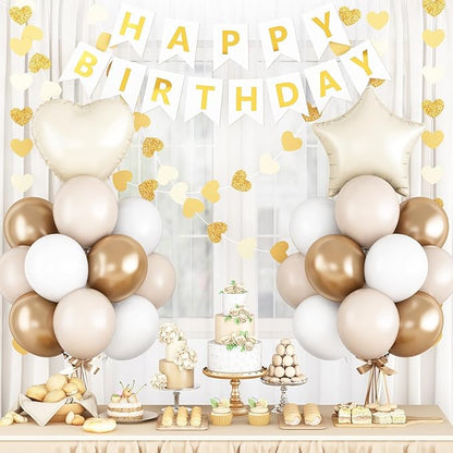 White and Gold Birthday Party Decorations for Women Girls Metallic Gold White Sand Balloon Set with Star Heart Foil Balloons Happy Birthday Bunting Banner Garland Neutral Cream Beige Party Decor Kit