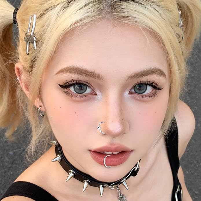 8pcs Adjustable Fake Lip Piercing Vampire Teeth Ring for Halloween,3D Fake Lips Ring Set, Stainless Steel Non-Piercing Lip Cuff Jewelry for Men and Women, Silver