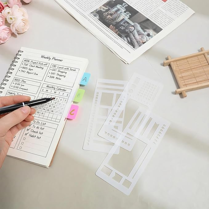 3 Pcs Planner Stencil Templates Journal Stencils for Planner Ruler Record Template Reusable Drawing Lettering Templates for Journaling, Calendar, Scrapbooking DIY Craft