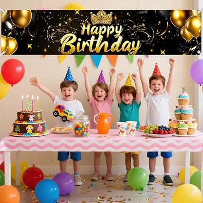 Nuxovilar Happy Birthday Banner Decorations 17.72x78.74 Inch Black Gold Crown Balloon Theme - Polyester for Indoor Outdoor Birthday Party Decor