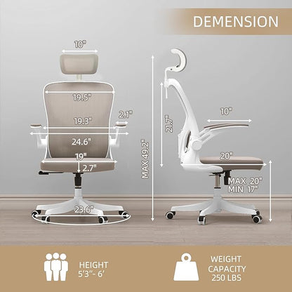 Monhey Ergonomic Office Chair, 90°-125° Tilt Back Home Desk Chair with 360° Swivel & Mute Wheels, High Back Mesh Computer Chair for Adults with Lumbar Support, 330 LBS Capacity (04White+Khaki)