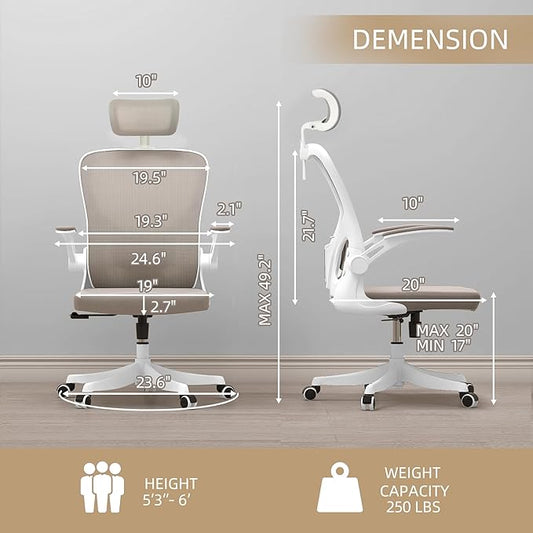Monhey Ergonomic Office Chair, 90°-125° Tilt Back Home Desk Chair with 360° Swivel & Mute Wheels, High Back Mesh Computer Chair for Adults with Lumbar Support, 330 LBS Capacity (04White+Khaki)