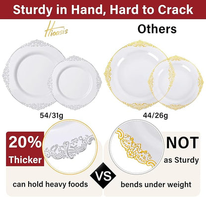Hioasis 210pcs White and Silver Plastic Plates - Disposable Dinnerware Set Suitable for 30 Guests Include 10.25 Dinner & 7.5 Dessert Plates, Pre Rolled Silverware Set, Cups for Party & Wedding