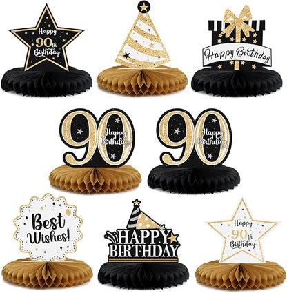 Happy 90th Birthday Decorations,90th Bday Gold Glitter Shiny Stand Honeycomb Table Centerpieces - Cheers to Ninety Years Old Birthday Party Photoprop Gift Sign.