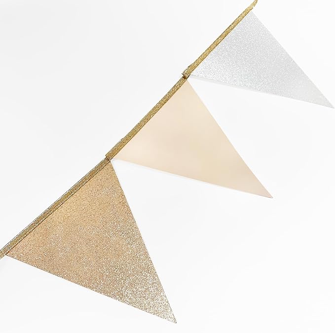 Champagne Gold Beige White Party Pennant Banner Flag Hanging Glitter Paper Triangle Bunting for Birthday Baby Shower Graduation Wedding Engagement Bridal Shower Holiday Baptism Party Decorations