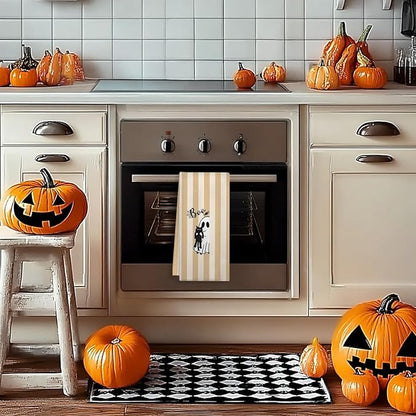 Halloween Black Cat Kitchen Towels, Cat Lover Mom Lady Gifts Dish Tea Towels for Kitchen Decor, Orange Striped Halloween Ghost Decorative Hand Towel for Bathroom, 16x24 Inches