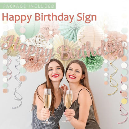Sage-Green Blush-Pink Birthday Decorations for Women Girls, Cream Light Beige Happy Banner, Paper Lanterns Pom Poms, Olive Green Dusty Pink Balloons, Boho Fairy Anniversary Princess Party Décor