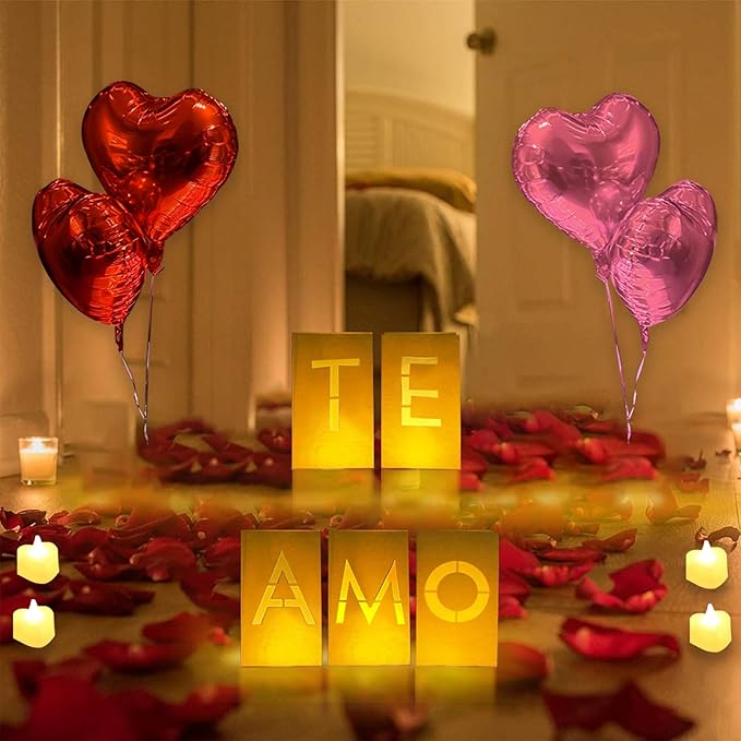 Te Amo Lighted Letters Sign 17pcs Luminary Paper Bags 2200pcs Red Pink Artificial Rose Petals 48pcs Flameless LED Candle Tealight 15pcs Heart Balloons Romantic Night Valentine's Day