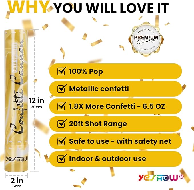 Confetti Cannon Party Poppers Gold,(6 pack) YESHOW Confetti Shooters Blaster for Birthday Graduation Wedding Christmas New Year’s Eve and Any Celebrations