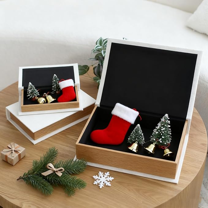 Modern Linen and Wood Decorative Faux Book Boxes Set of 3-13",10",8" - White