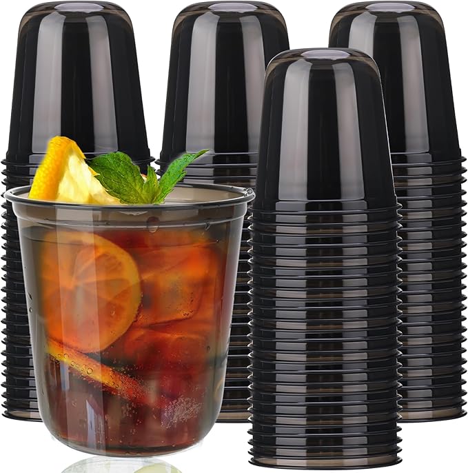50pcs 12oz Disposable Stemless Glasses,PET Disposable Drinking Cups,Cold Party Clear Plastic Wine Glasses for Parties Birthday,Wedding,Meeting,Christmas Party Supplies. (Black)