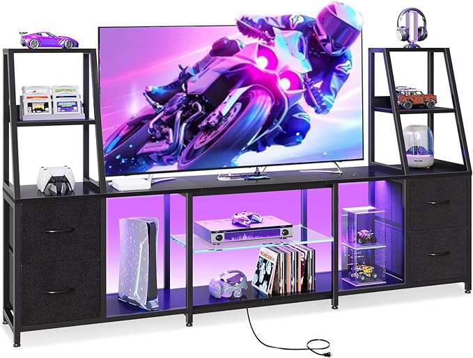 Casaottima LED TV Stand for 50–65 Inch TVs with Power Outlets & RGB Ligths, Gaming Entertainment Center with 4 Drawers & Storage, Media Console Supports Up to 75/85/95 Inch Wall-Mounted TVs, Black