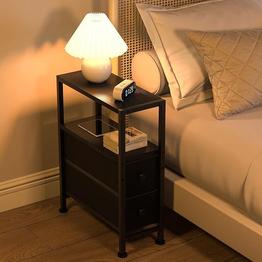 Small Narrow Side Table with Drawers, Skinny End Table for Small Spaces, Slim Nightstand with Storage, Sofa Bedside Table in Living Room, Bedroom, Study, Kitchen and Balcony (Black)