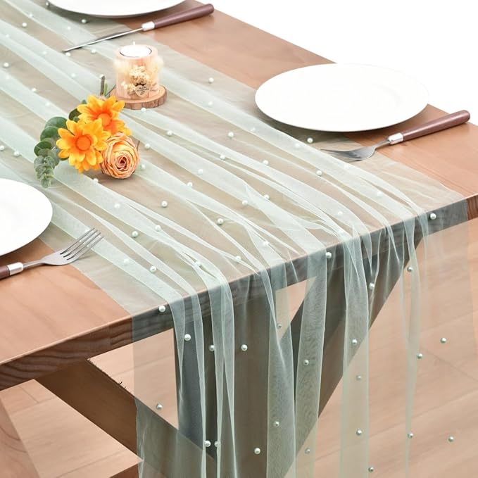 Sage Green Pearl Fall Thanksgiving Table Runner Boho Rustic Tulle Lace Table Runner for Baby Shower Wedding Arch Decor Veil Dessert Table Decor 3pcs