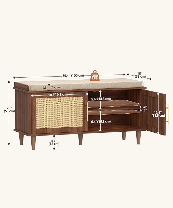 Rattan Shoe Storage Bench with Cushion, 2-Tier Entryway Bench with Adjustable Shelves and 2 Doors, 15" D x 39.4" W x 20" H, Solid Wood Legs, for Hallway, Living Room, Bedroom, Walnut