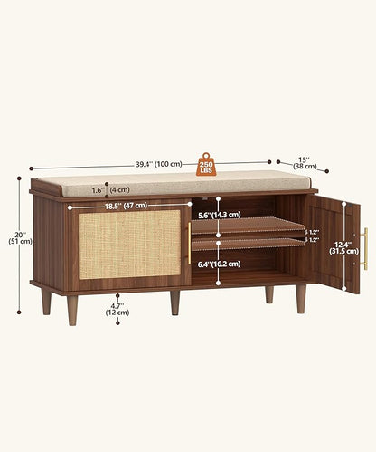 Rattan Shoe Storage Bench with Cushion, 2-Tier Entryway Bench with Adjustable Shelves and 2 Doors, 15" D x 39.4" W x 20" H, Solid Wood Legs, for Hallway, Living Room, Bedroom, Walnut