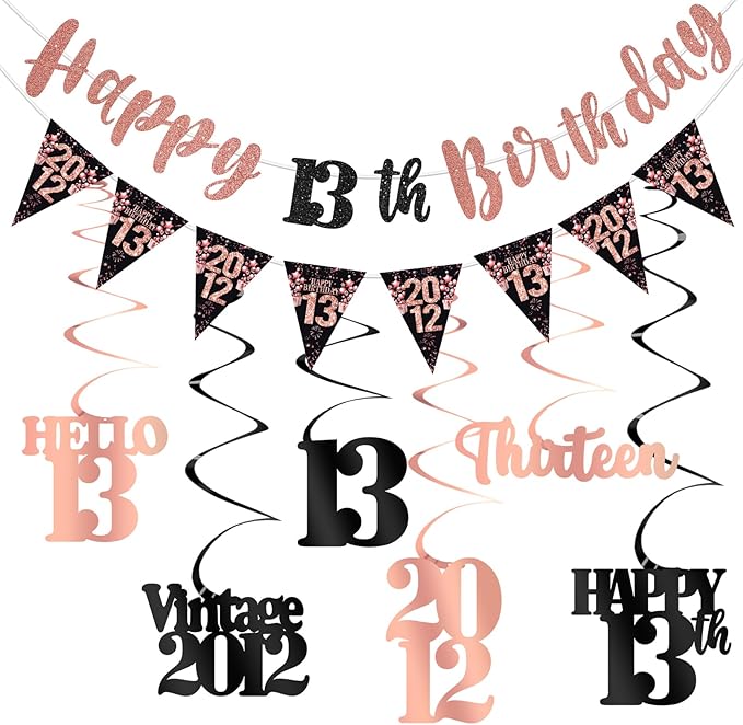 13th Birthday Decorations for Girls, Black Rose Gold Happy 13th Birthday Banner Hanging Swirls Vintage 2012 Birthday Decorations Kit Hello 13 Party Supplies