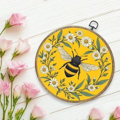Cute Gold Vintage Floral Bee Gifts Bee Kitchen Decor Boho Art Framed Round Wall Decor Canvas Wall Art Hanging Prints Artwork for Home Garden Nursery Bedroom Living Room Decorations 10.2X10.2 Inch