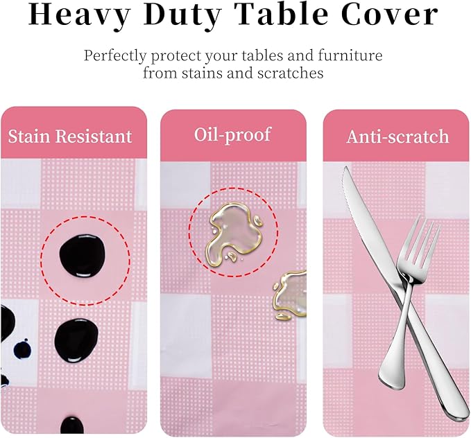 3 Packs Pink Checkered Tablecloth 54x108 Inches Rectangle Gingham Tablecloth Disposable Plastic Waterproof Table Cover for Outdoor Picnic Kitchen and Birthday Party
