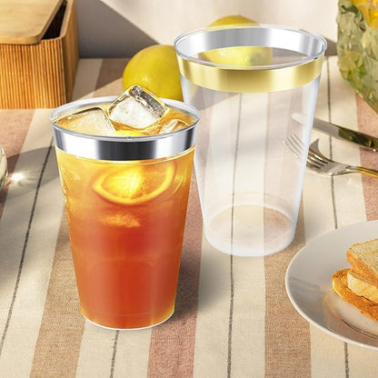 200 Pack 12oz Silver Plastic Cups with Rimmed Edges - Disposable, Recyclable, BPA Free, Food Safe, Modern Style, Perfect for Parties, Weddings, Birthdays, Festivals, 12oz Capacity Each