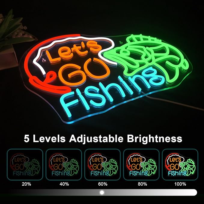Lucunstar Let's Go Fishing Neon Sign Dimmable Fish Neon Light for Wall Decor LED USB Powered Fishing Hook Lights for Bedroom Living Room Man Cave Yacht Decor Men Gifts