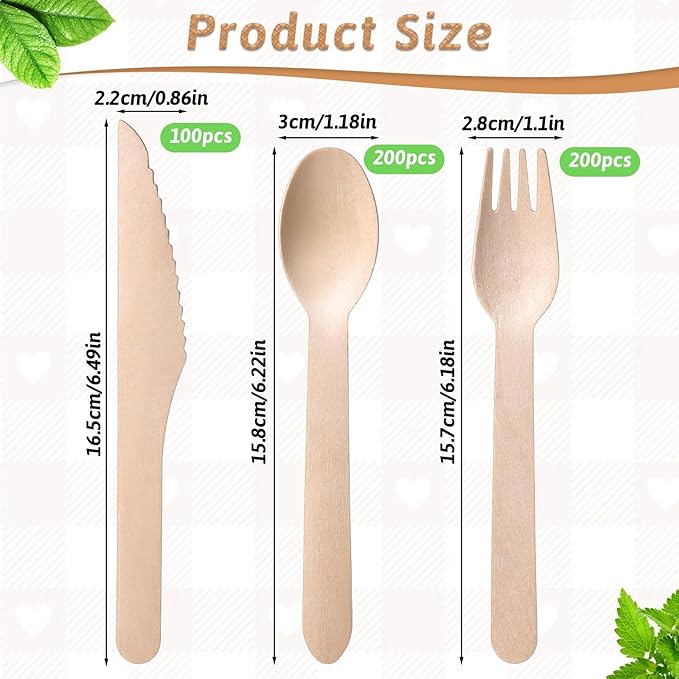500 Pieces Compostable Cutlery Set, Wooden Utensils Set, 200 Spoons, 200 Forks, 100 Knives, Sturdy Wood Disposable Wooden Cutlery, Eco-Friendly Utensils for Party