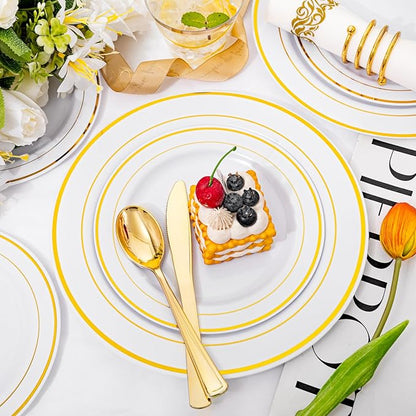 I00000 350Pcs Gold Dinnerware Set for 50 Guests, Gold Plastic Plates for Party, Include: 100 Disposable Plastic Plates, 50 Paper Napkins, 50 Cups, 50 Silverware Set Perfect for Party & Wedding