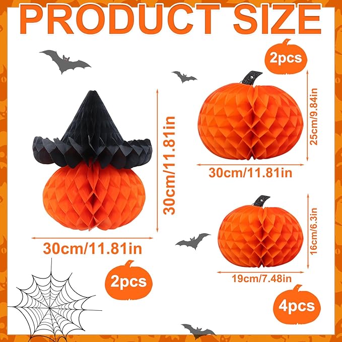 8 Pcs Honeycomb Pumpkin Decorations Halloween Party Set 3 Sizes Tissue Paper Honeycomb Balls for Indoor, Window Spooky Party Haunted House Decor