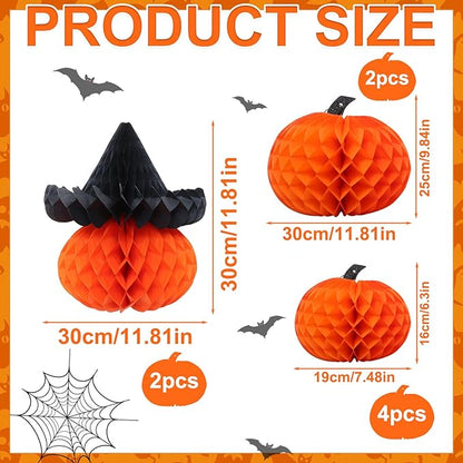 8 Pcs Honeycomb Pumpkin Decorations Halloween Party Set 3 Sizes Tissue Paper Honeycomb Balls for Indoor, Window Spooky Party Haunted House Decor