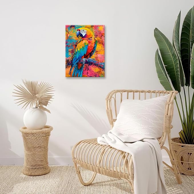 Parrot Wall Art, Graffiti Parrot Pictures Wall Decor, Colorful Birds Canvas Prints, Banksy Animal Painting, Framed Artwork for Bathroom Living Room Bedroom Office Dining Room 24"X20"