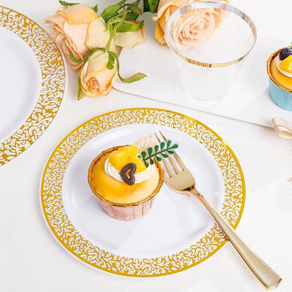 WELLIFE 50 Guests Dinnerware Sets, Gold Plastic Plates，Platos Para Fiestas Elegantes Desechables Include:50 Dinner Plates, 50 Dessert Plate, 150 Pcs Gold Plastic Silverware, 50 Cups for Party