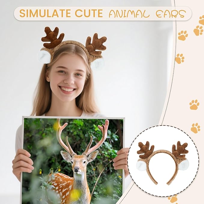 Edoneery Reindeer Antlers Headband for Women, Christmas Furry Deer Antlers Animal Ears Hairband for Cosplay Party Costume