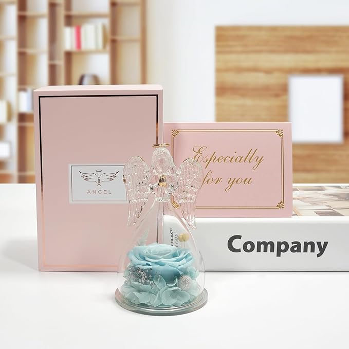 Miofula Preserved Flower Roses & Angel Figurines with Forever Real Rose Gifts for Women Mom, Grandma; Angel Gifts for Christmas, Thanksgiving, Birthday, Anniversary - Pale Blue