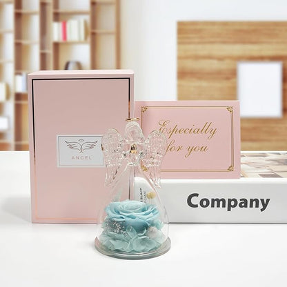 Miofula Preserved Flower Roses & Angel Figurines with Forever Real Rose Gifts for Women Mom, Grandma; Angel Gifts for Christmas, Thanksgiving, Birthday, Anniversary - Pale Blue