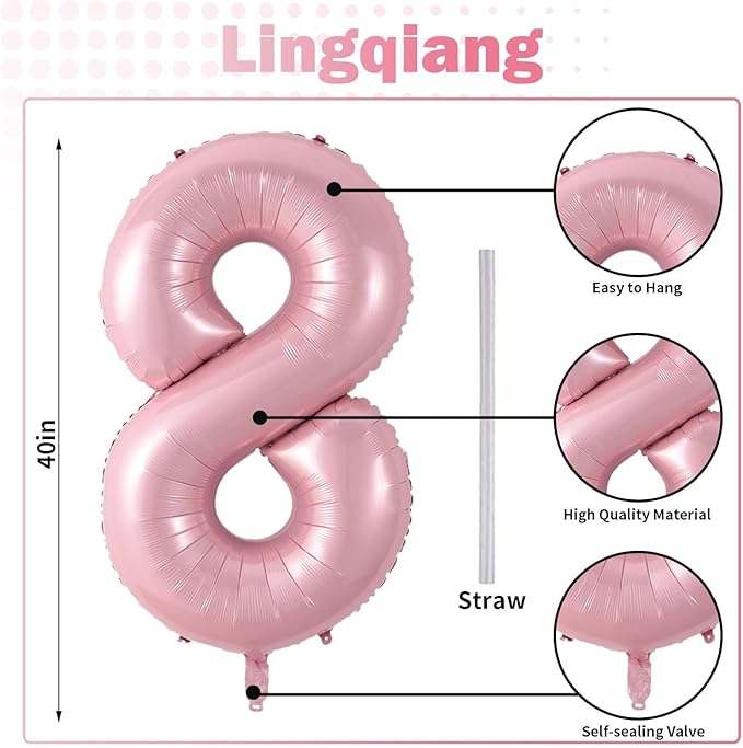 Pastel Pink 8 Balloons, 40" Giant Helium Foil Number 0-9 Light Pink Birthday Balloon for Girls, Self Inflating Digit 8 Balloons for Women Anniversary Graduation Princess Party Decorations Supplies