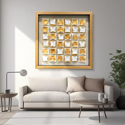 BrightA Gold and White Geometric Wall Sculpture Reflective 3D Textured Panels Brushed Metal Texture with Wave Modern Framed Abstract Art for Bedroom Office Decor 23.6"x23.6"
