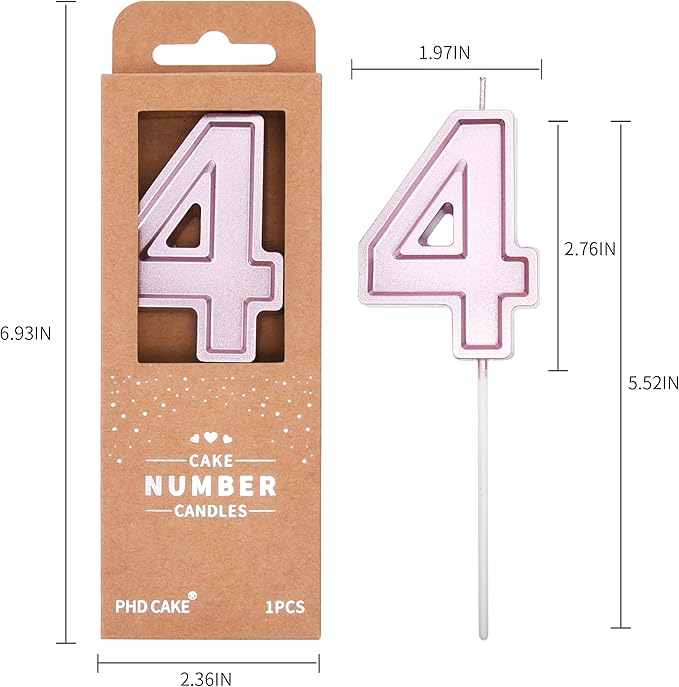 PHD CAKE 2.76 Inch Luxe Rose Gold 4 Number Birthday Candles, Rose Gold Number Candles, Cake Number Candles, Party Celebration
