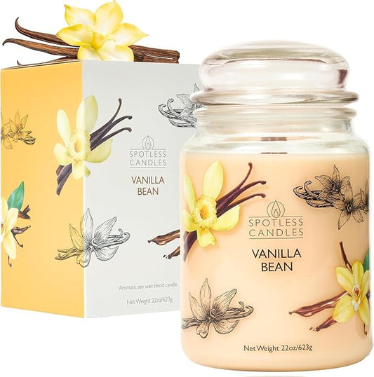 Candle Vanilla Bean 22oz with Wooden Wick in a Presentation Gift Box & Protective Shipper - Vanilla Scented Candles - Large Jar Candles