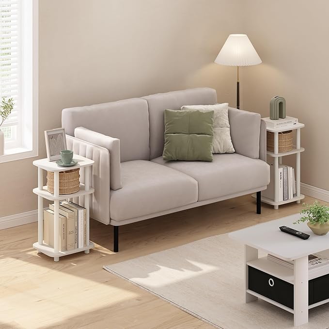 Furinno JUST Side Table Set of 2, 3-Tier Turn-N-Tube End Table with Open Shelf, Round Curve Corner Night Stand, Bedside Table, Easy Assembly, for Living Room, Bedroom, White