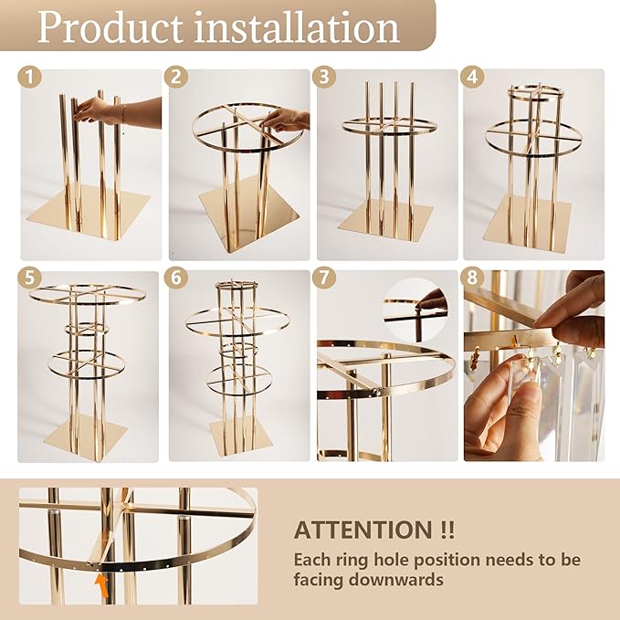 5-Tier Crystal Vase for Table Centerpiece, Large Wedding Decor Flower Stand, Metal Chandelier Stand with Crystal Pendants, Elegant Flower Display Rack for Party Event Home Wedding Decoration (Gold)