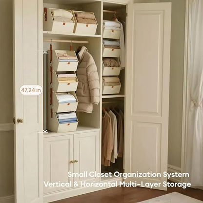 Hanging Closet Organizer 4 Tier - Clothes Hanging Shelves, Space-Saving Closet System, Fabric Storage Bins Bedroom Organization, Collapsible Baskets for Home, Dorm, Rv, Beige, 8 Pack
