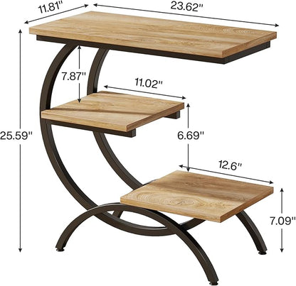 Tribesigns C-Shaped End Table Set of 2, Industrial 3-Tier Small Side Table for Couch, Wood Bedside Table Snack Side Table with Storage Shelves for Living Room Small Space, Light Brown