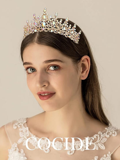 COCIDE Gold Tiara and Crown for Women Crystal Queen Crowns Princess Rhinestone Tiaras for Girl Bride Wedding Hair Accessories for Bridal Birthday Party Prom Halloween Costume Cosplay