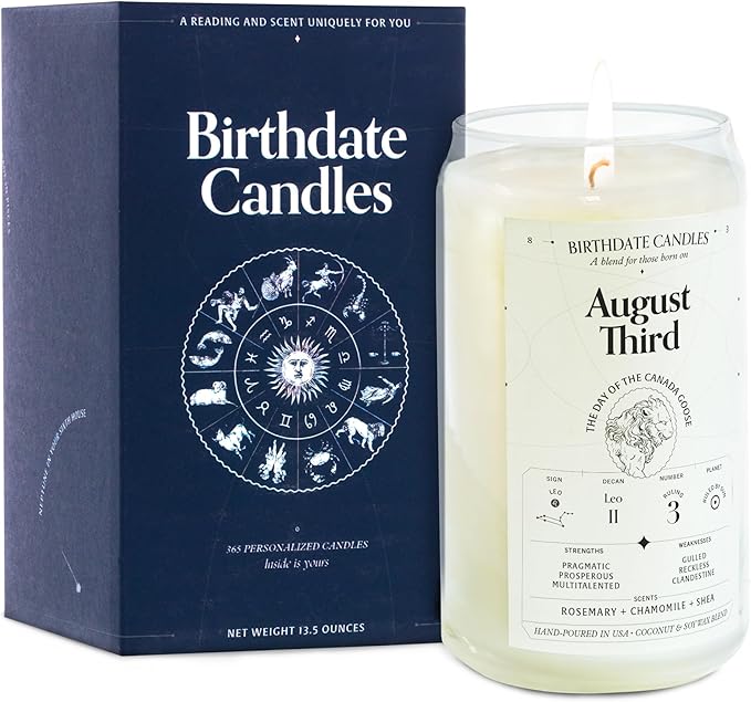 Birthdate Candles, August 3 - Leo Zodiac Scented Candles Birthday Gift - Rosemary, Chamomile & Shea Scent - All-Natural Soy & Coconut Wax, 60-80 Hour Burn Time - Made in USA