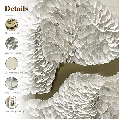 BrightA White Leather Wall Art Wall Sculpture Eclectic Decor Handcrafted Layered Texture with Wooden Shadow Frame Acrylic Protected Modern Abstract Decor for Living Room/Gallery 31.5"x31.5"