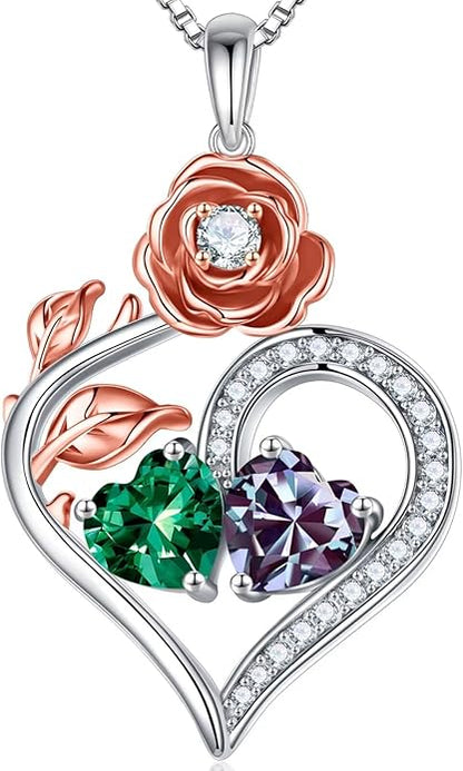 Iefil Rose Heart Birthstone Necklaces for Women - 925 Sterling Silver Double Birthstone Necklace, Anniversary Birthday Gifts for Women, Jewelry Gifts for Wife Her