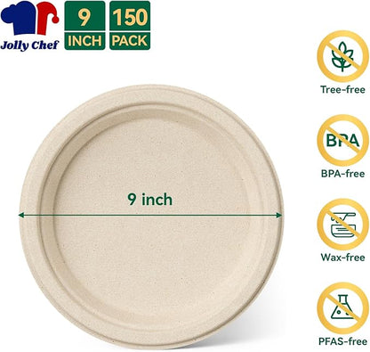 JOLLY CHEF 100% Compostable Paper Plates, 150 Pack 9 Inch Heavy Duty Plates, Disposable Biodegradable Eco-Friendly Sugarcane, Bulk Nature