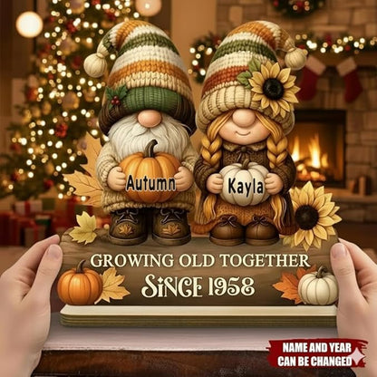 Personalized Gnome Couple Figurine, Growing Old Together Since 1958, Custom Autumn Decoration, Unique Fall Holiday for Couple, Engraved Family Ornament for Parents and Grandparents